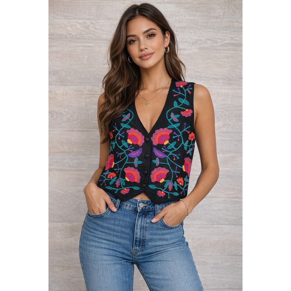 Allison Paige Embroidered Floral Vest Boho Folk Art Black Button Front Size S